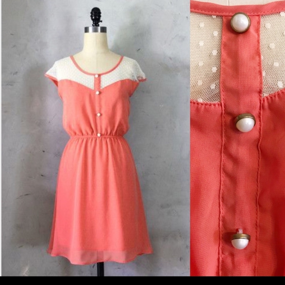 Modcloth Coral Lace Chiffon Dress Fleet Collection